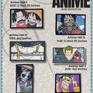May include: A collection of rectangular iron-on patches featuring anime characters. Designs include two laughing figures, a smiling character with a straw hat, a swordsman, a skeleton, and a character giving a thumbs up. Sizes range from 5.7x10.2 to 10.2x7.6 cm.