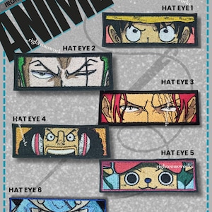 Peut inclure: Six écussons thermocollants rectangulaires brodés représentant des yeux de personnages d'anime. Chaque écusson affiche des traits distincts, étiquetés Hat Eye 1 à 6. Le texte ANIME et SIZE: 4x1 inches sont visibles sur le fond gris.