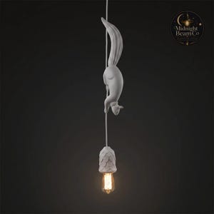 May include: A white squirrel-shaped pendant light fixture. The squirrel is suspended from a cord, with a decorative shade and a vintage-style Edison bulb. The light fixture is against a dark background.