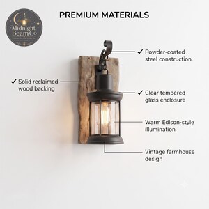 May include: A wall-mounted lantern light fixture featuring a solid reclaimed wood backing, a black powder-coated steel frame, and a clear tempered glass enclosure. The fixture emits a warm Edison-style illumination and includes the text PREMIUM MATERIALS.