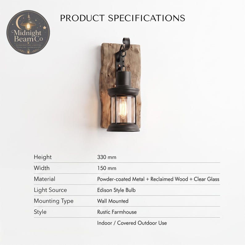 May include: A wall-mounted lantern light fixture featuring a black powder-coated metal frame, a clear glass shade, and a reclaimed wood backplate. The product specifications list a height of 330 mm, a width of 150 mm, and an Edison style bulb.