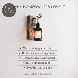 May include: A wall-mounted lantern light fixture featuring a black metal frame with a clear glass cylinder, suspended from a curved metal arm attached to a rectangular piece of textured brown wood. The text reads WHY HOMEOWNERS LOVE IT.