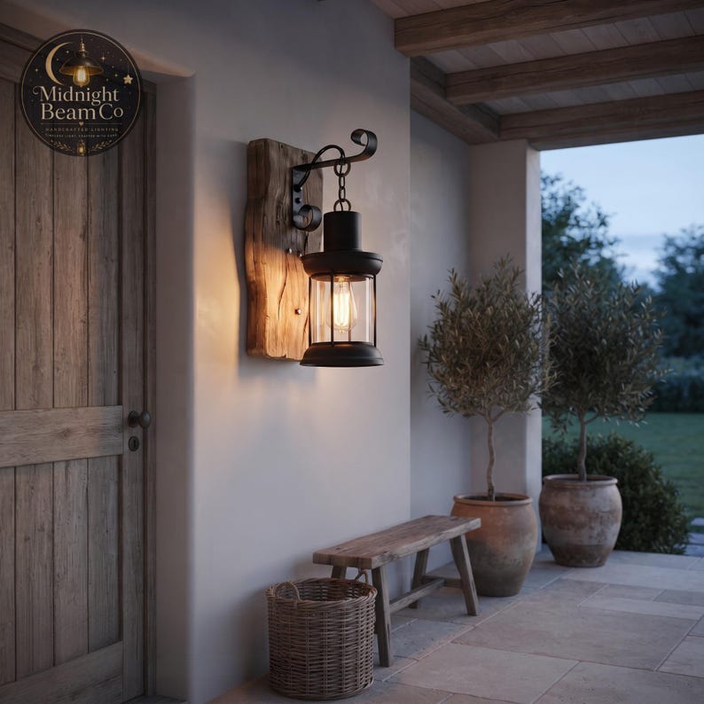 A rustic wood lantern wall sconce by Midnight Beam Co measuring 330mm tall and 150mm wide, mounted on a cream wall, featuring a solid reclaimed wood backing, a powder-coated black steel lantern, and a glowing Edison bulb inside a clear glass enclosure.
