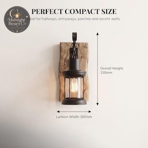 The Midnight Beam Co rustic lantern wall lamp shown with feature callouts: powder-coated steel construction, solid reclaimed wood backing, clear tempered glass enclosure, warm Edison-style illumination, and vintage farmhouse design.