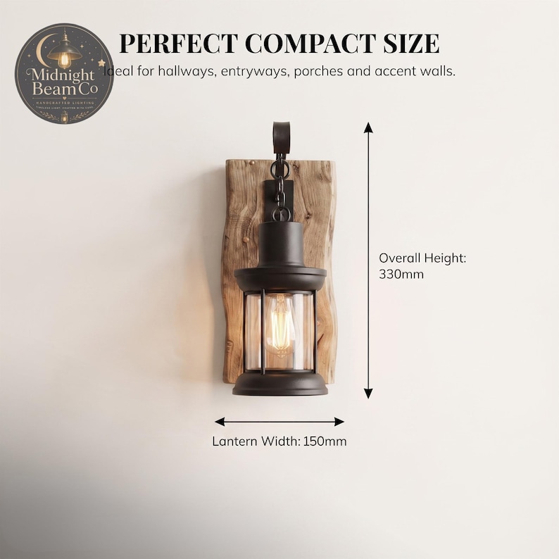 The Midnight Beam Co rustic lantern wall lamp shown with feature callouts: powder-coated steel construction, solid reclaimed wood backing, clear tempered glass enclosure, warm Edison-style illumination, and vintage farmhouse design.