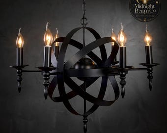Black Iron Orb Chandelier, Vintage Globe Pendant Light, Industrial Candle Chandelier, Gothic Ceiling Light, 6 or 8 Head, Dark Academia Decor