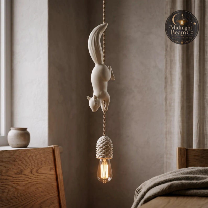 May include: A cream-colored squirrel-shaped pendant light fixture. The squirrel is suspended from a twisted cord, with a textured cone-shaped base holding a vintage-style lightbulb. The fixture hangs in front of a neutral-toned wall and curtain.