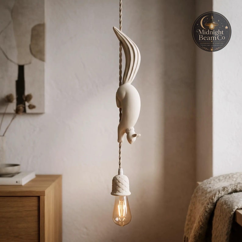 May include: A cream-colored squirrel pendant light fixture. The squirrel is sculpted in a climbing pose on a twisted cord, with a textured lampshade and a warm-toned bulb. The fixture is suspended in front of a neutral-toned wall. The logo for Midnight Beam Co is in the background.