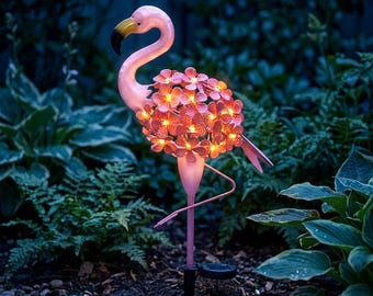 Solar Flamingo Garden Stake Light, Pink Flamingo Outdoor Decor, Metal Solar Yard Ornament, Patio Lawn Garden Light