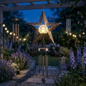 Solar Moon Star Wind Chime Light, Hanging Outdoor Garden Lantern, Waterproof LED Patio Decor, Celestial Yard Gift