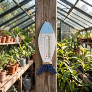 Op de afbeelding: Een visvormige wandthermometer met een lichtblauwe kop, een wit lichaam met een verticale temperatuurschaal in Celsius en Fahrenheit, en een donkerblauwe staart. Een touw van natuurlijke vezels is rond de basis van het lichaam gewikkeld.
