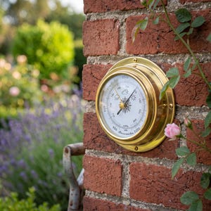 May include: A circular brass barometer with a white face, black numerical markings, and weather icons including a sun, clouds, and rain. The instrument features a central needle and is mounted on a red brick wall with visible screw fasteners.
