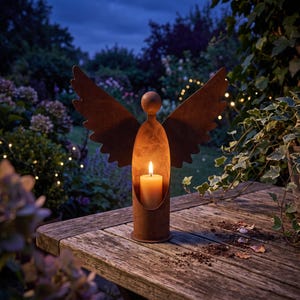 May include: A rust-coloured metal angel sculpture featuring a cylindrical body with a cutout centre holding a single lit pillar candle. The figure has a spherical head and two large, stylised wings extending outward from the central body.