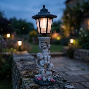 May include: A solar-powered garden lamp post featuring a decorative cherub statue. The lamp has a black, hexagonal top and a warm, glowing light. The cherubs are in a light gray color, with small pink roses at the base.