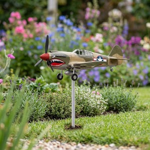 May include: A model airplane, painted in olive green and tan camouflage, features a red propeller and a shark mouth design on the nose. The airplane has a white star with a blue center and is mounted on a silver pole for garden display.