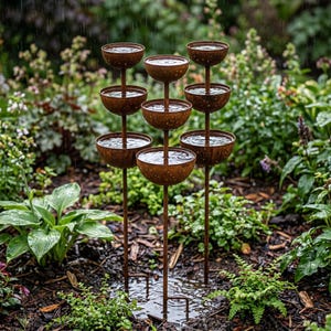 May include: A multi-tiered garden water feature with a weathered, rusty finish. The fountain has several bowl-shaped basins, each filled with water, arranged in a cascading design. It's set in a garden with diverse green plants and foliage.