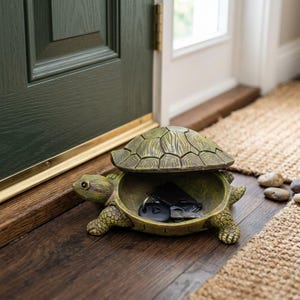 Könnte beinhalten: Ein dekorativer, schildkrötenförmiger Schlüsselhalter in Grün- und Brauntönen. Die Schale der Schildkröte lässt sich anheben und gibt ein Staufach für Schlüssel frei. Der Halter steht auf einem Holzboden in der Nähe einer Tür.