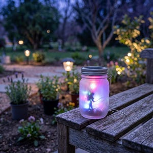 May include: A mason jar with a silver lid and handle, illuminated by colorful fairy lights. The jar sits on a wooden bench in a garden setting, with other lights and plants in the background. The jar has a silhouette of a fairy.