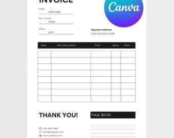 Canva bewerkbare zwart-wit factuursjabloon | Bewerkbare canvassjabloon | A4-afdrukformaat | Modern | Sjabloon