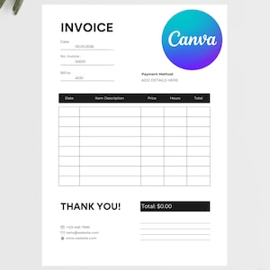 Canva Editable Black and White Invoice Template | Editable Canva Template | A4 Print Size | Modern | Template #1