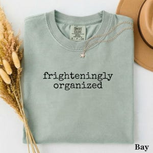 Könnte beinhalten: Ein salbeigrünes Kurzarm-T-Shirt mit Rundhalsausschnitt und dem schwarzen Schriftzug "frighteningly organized" auf der Brust. Das Shirt hat ein Comfort Colors Markenetikett am Innenhals sowie eine zarte silberfarbene Stern-Halskette.