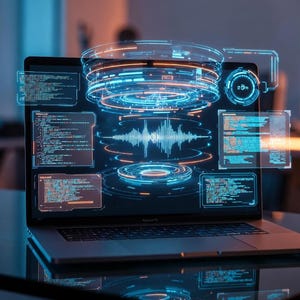 May include: A laptop displaying a futuristic data visualization interface with glowing blue and orange elements. The screen shows code, graphs, and circular data displays, suggesting data analysis or software development. The scene is set in a modern office environment.