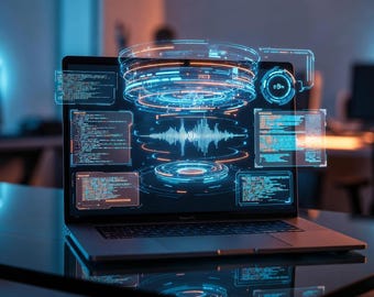 May include: A laptop displaying a futuristic data visualization interface with glowing blue and orange elements. The screen shows code, graphs, and circular data displays, suggesting data analysis or software development. The scene is set in a modern office environment.
