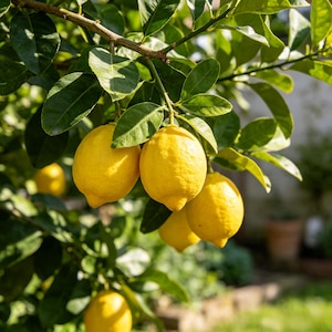 May include: Several bright yellow lemons hang from a green tree branch. The oval-shaped citrus fruits have textured rinds and are surrounded by deep green, glossy leaves. The scene is captured in natural sunlight, highlighting the vibrant colors.