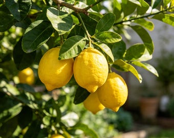 May include: Several bright yellow lemons hang from a green tree branch. The oval-shaped citrus fruits have textured rinds and are surrounded by deep green, glossy leaves. The scene is captured in natural sunlight, highlighting the vibrant colors.