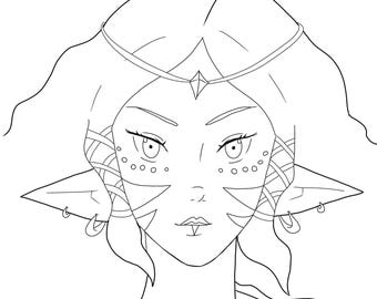 Elegant Elf Portrait Coloring Page (instant download)
