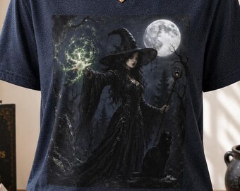 Moonlit Witch Illustration T-Shirt, Gothic Witchcraft Tee, Dark Aesthetic, Fantasy, Spooky Clothing, Halloween Top, Mystic Apparel