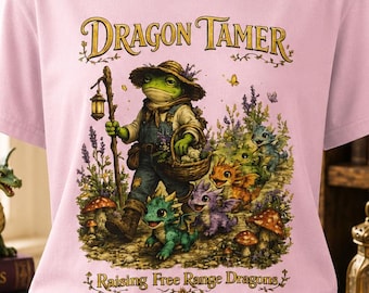 Frog Dragon Tamer illustration T-Shirt | fantasy creature art, whimsical garden scene