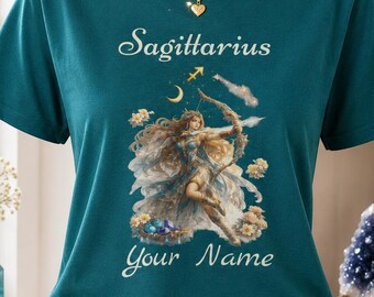 Sagittarius Goddess Custom Zodiac Tee, Star Sign T-Shirt, Celestial Astrology Shirt with Name or Birth Year, Boho Constellation Tee