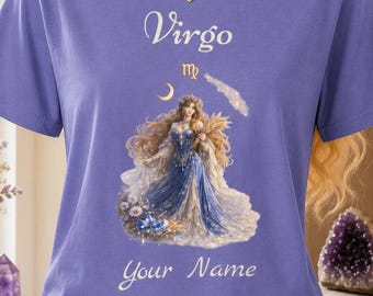 Virgo Goddess Custom Tee | Zodiac, Astrology, Celestial Illustration, Personalized Name or Birth Year, Birth Sign, Women’s Star Sign T-Shirt