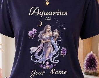Aquarius Goddess Zodiac Sign Tee | Personalized Name or Birth Year, Astrological Shirt with Birthstone And Birth Flower, constellation