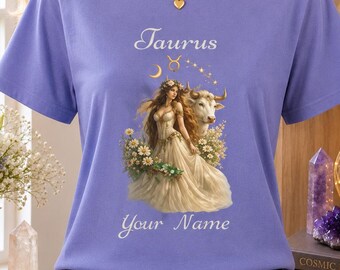 Taurus Goddess Custom Tee | Zodiac Bull T-Shirt with Moon Phases and Floral, Personalized Astrology Shirt for Earth Signs, Gifts for Her