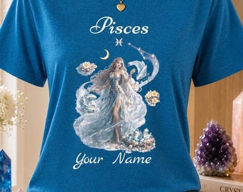Pisces Goddess T-Shirt, Zodiac Astrology Custom Name or Birth Year, Water Sign Celestial Shirt, Mystical Boho Clothing for Star Sign Fans