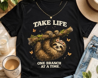 Take Life One Branch at a Time Sloth T-Shirt, Cute Forest Animal Tee, Motivational Casual Cotton Top for Relaxed Days