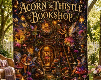 Acorn & Thistle Bookshop Fairy Velveteen Plush Blanket | Fairy Bookstore Illustration
