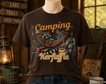 Raccoon And Frog Camping Kerfuffle T-Shirt | Raccoons in Hammock and Warrior Frog Outdoor Graphic Tee
