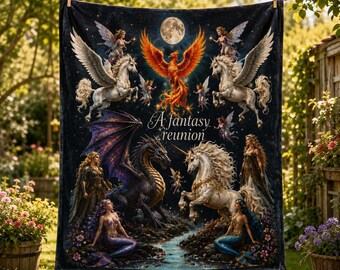 Fantasy reunion Velveteen Plush Blanket | phoenix, unicorn, dragon, fairy, elves, pegasus, mermaid scene