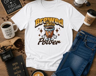 Brewed Bliss Power Tee Coffee Mug Cartoon Retro Cafe Design Funny Barista Gift Shirt Unisex Morning Lover