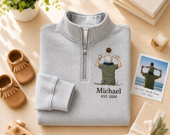 Personalized Dad Quarter Zip Sweatshirt, Custom Father Daughter Embroidered Pullover, Daddy Shoulder Kids Sweater
