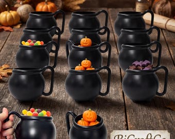 12 Pack Black Cauldron Mugs 15 oz Plastic Witch Kettle Cups for Halloween Parties