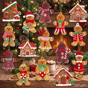 May include: A collection of gingerbread-themed Christmas ornaments featuring various gingerbread people and houses. The ornaments are decorated with red, white, and green icing details, including bows, scarves, dresses, and candy canes, all hanging from gold strings.