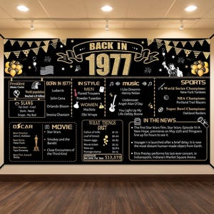 May include: A black and gold birthday poster titled Back in 1977 featuring decorative bunting, balloons, and text detailing historical facts, pop culture, sports, and costs from that year, including movie titles, music, and news headlines.