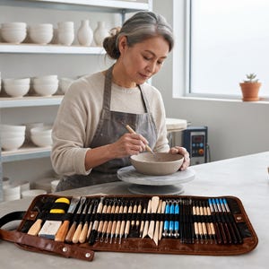 May include: A brown leather roll-up case containing a comprehensive set of pottery sculpting tools, including wooden modeling sticks, metal wire loops, sponges, and various carving implements, all organized in individual elastic slots.