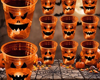 24PCS Halloween Glow Pumpkin Party Cups: 16oz Orange Plastic Cups for Trick or Treat, Night Parties & Halloween Tableware