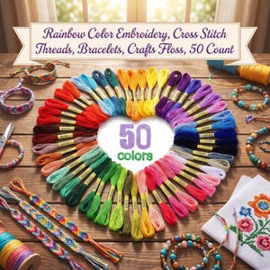 May include: A set of 50 embroidery and cross stitch threads in a rainbow of colors, arranged in a heart shape. The image includes text reading Rainbow Color Embroidery, Cross Stitch Threads, Bracelets, Crafts Floss, 50 Count and 50 colors.