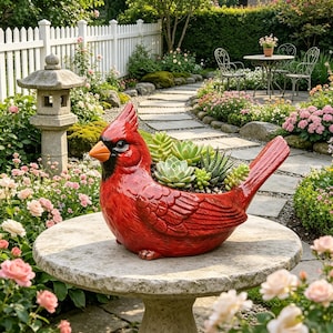 May include: A vibrant red cardinal-shaped planter, filled with green succulents, sits atop a stone table in a garden setting. The bird planter has a detailed design, with an orange beak and black accents. The background features a white picket fence, stone pathway, and lush greenery.